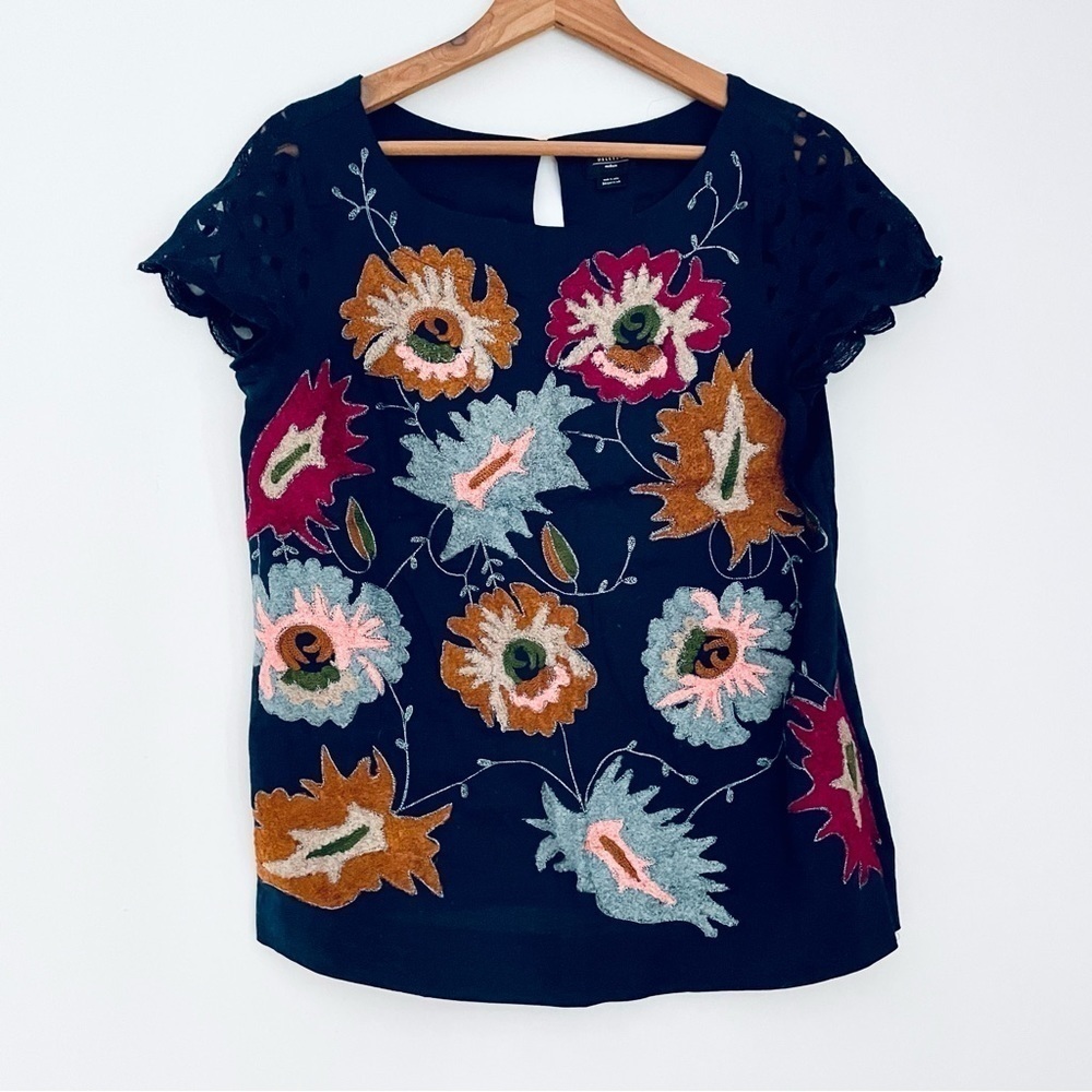 Anthropologie Deletta Navy Blue Embellished Floral Top Lace Cap Sleeves